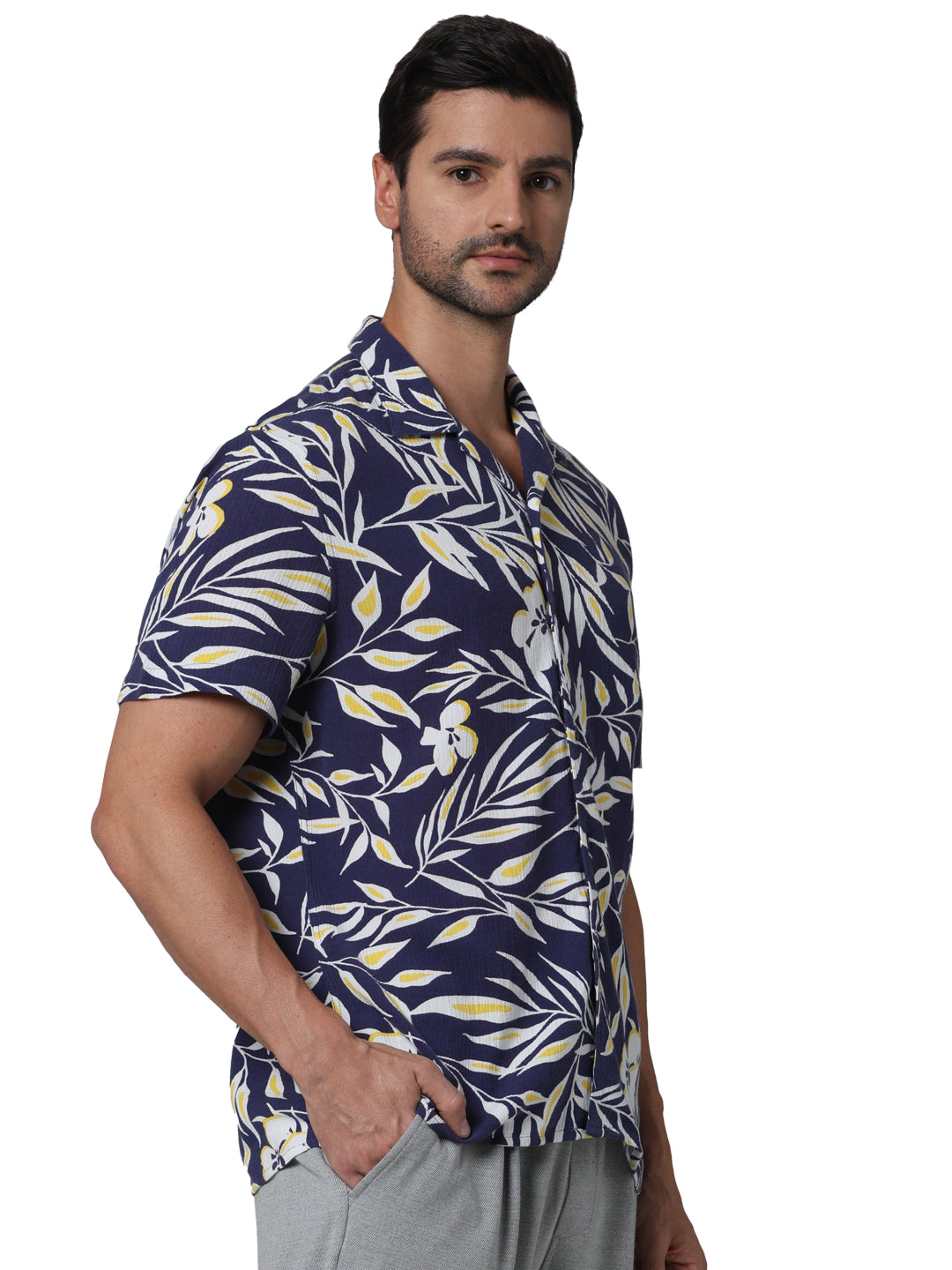 Navy Blue Printed Viscose Shirt