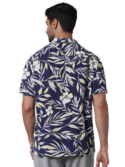 Navy Blue Printed Viscose Shirt