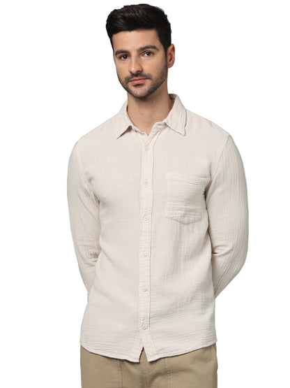 Beige Solid Cotton Shirt