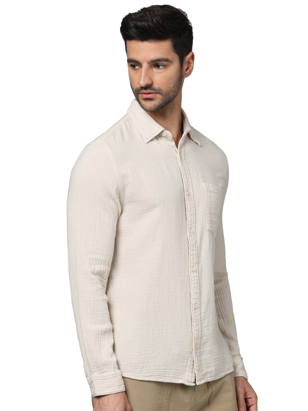 Beige Solid Cotton Shirt