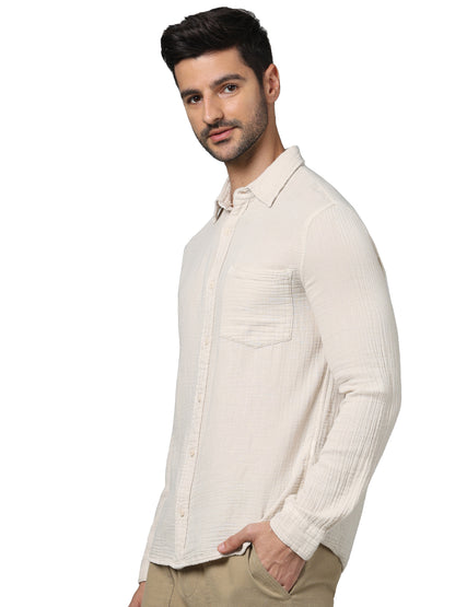 Beige Solid Cotton Shirt