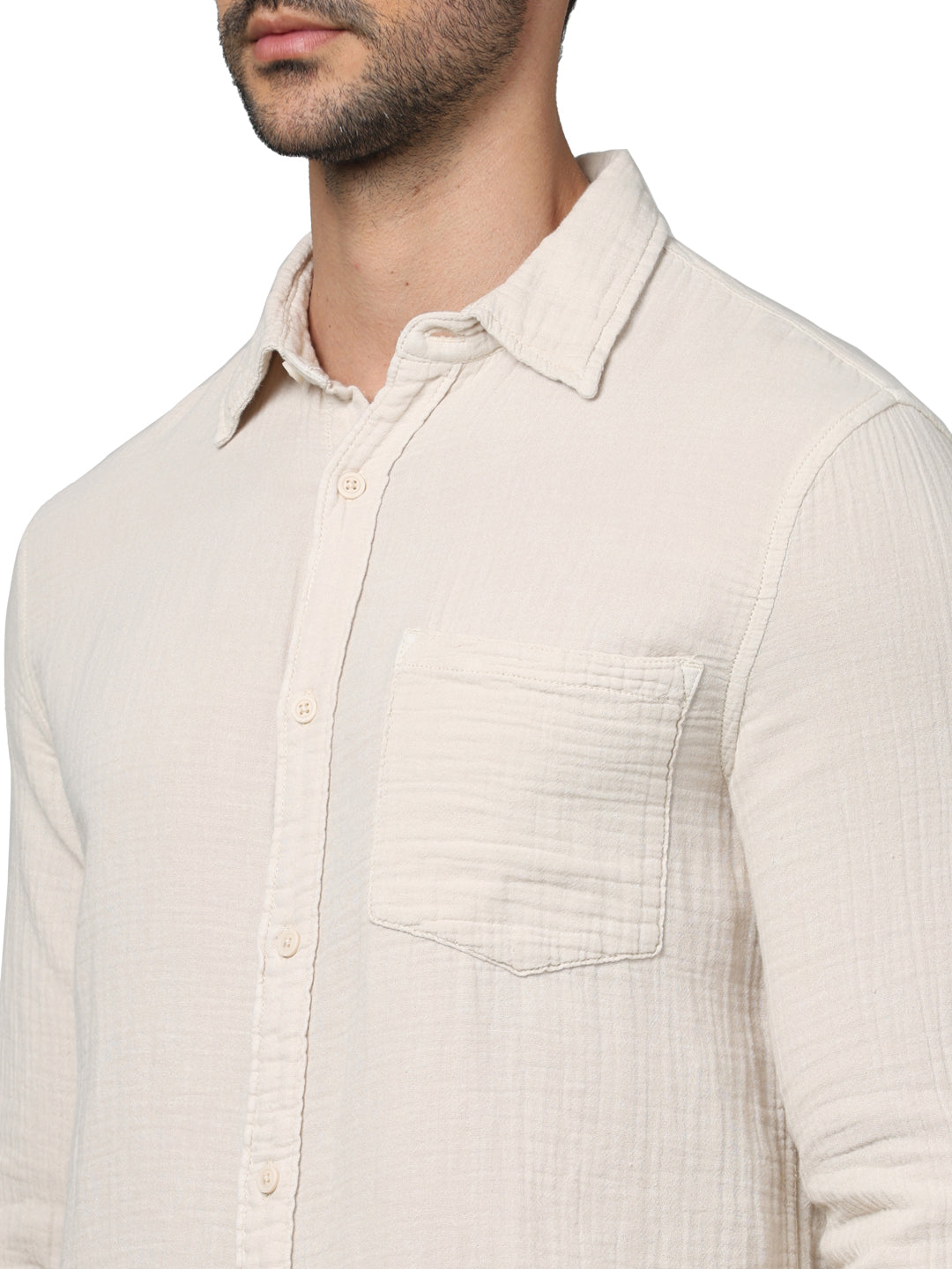 Beige Solid Cotton Shirt