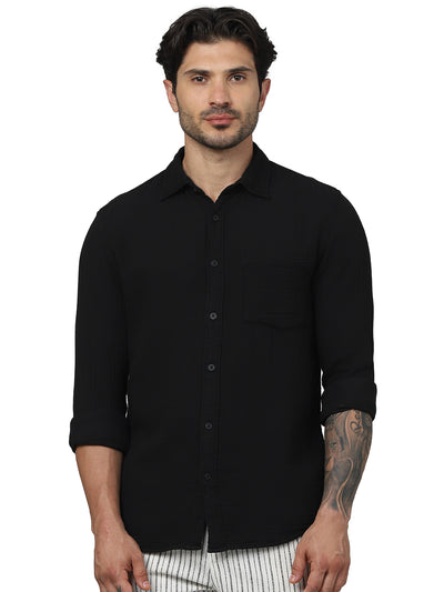 Celio* Solid Regular Fit Cotton Black Shirt
