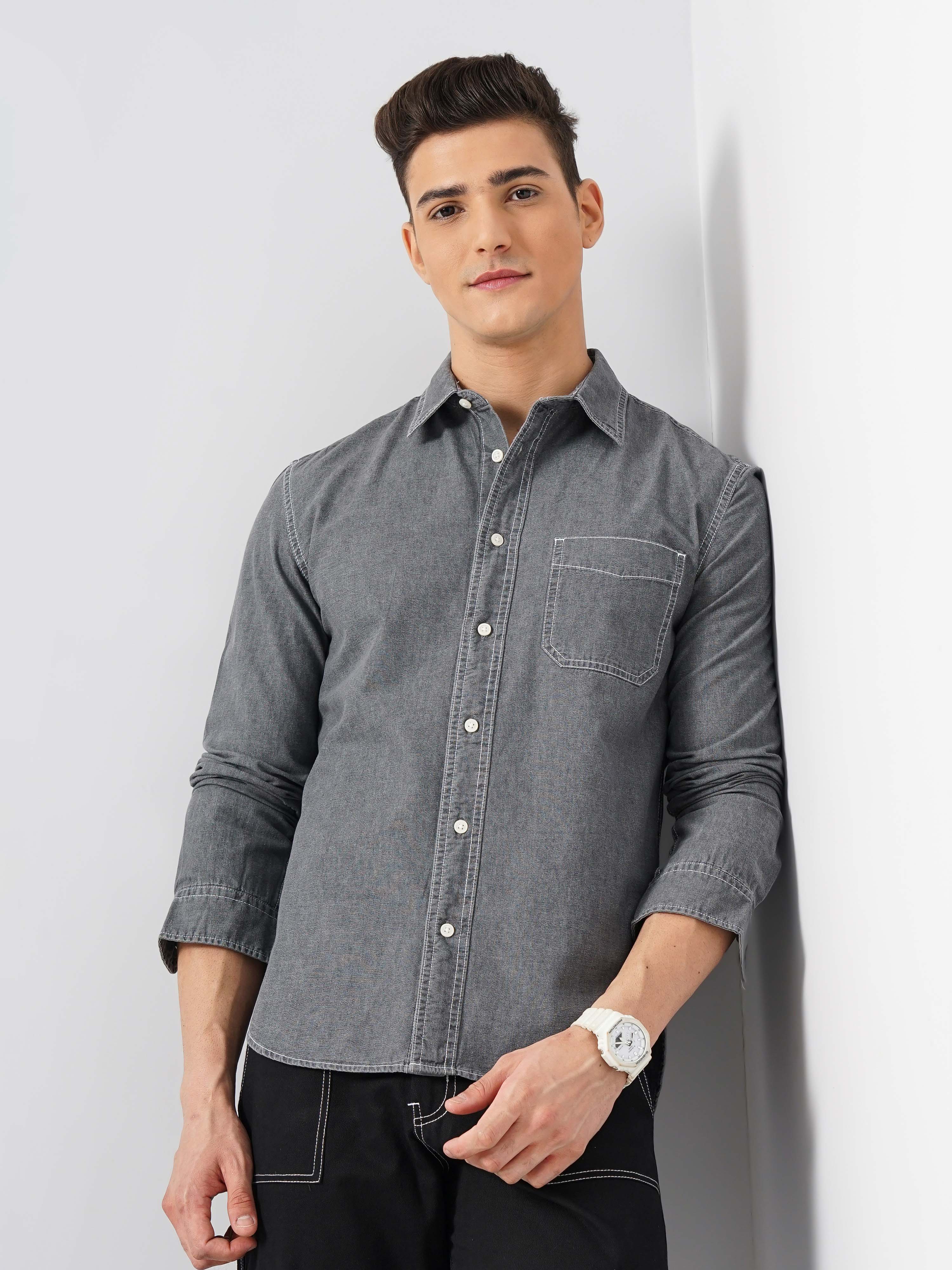 Grey Solid Cotton Shirt