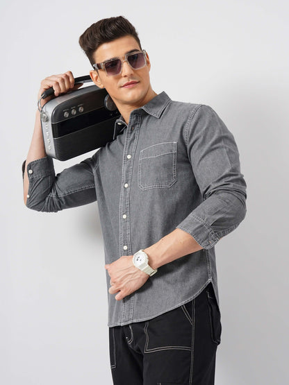 Grey Solid Cotton Shirt