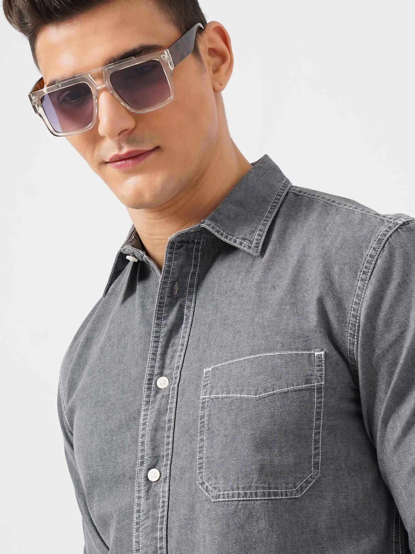 Grey Solid Cotton Shirt