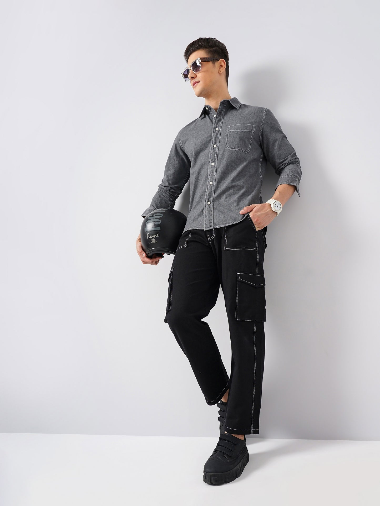 Grey Solid Cotton Shirt