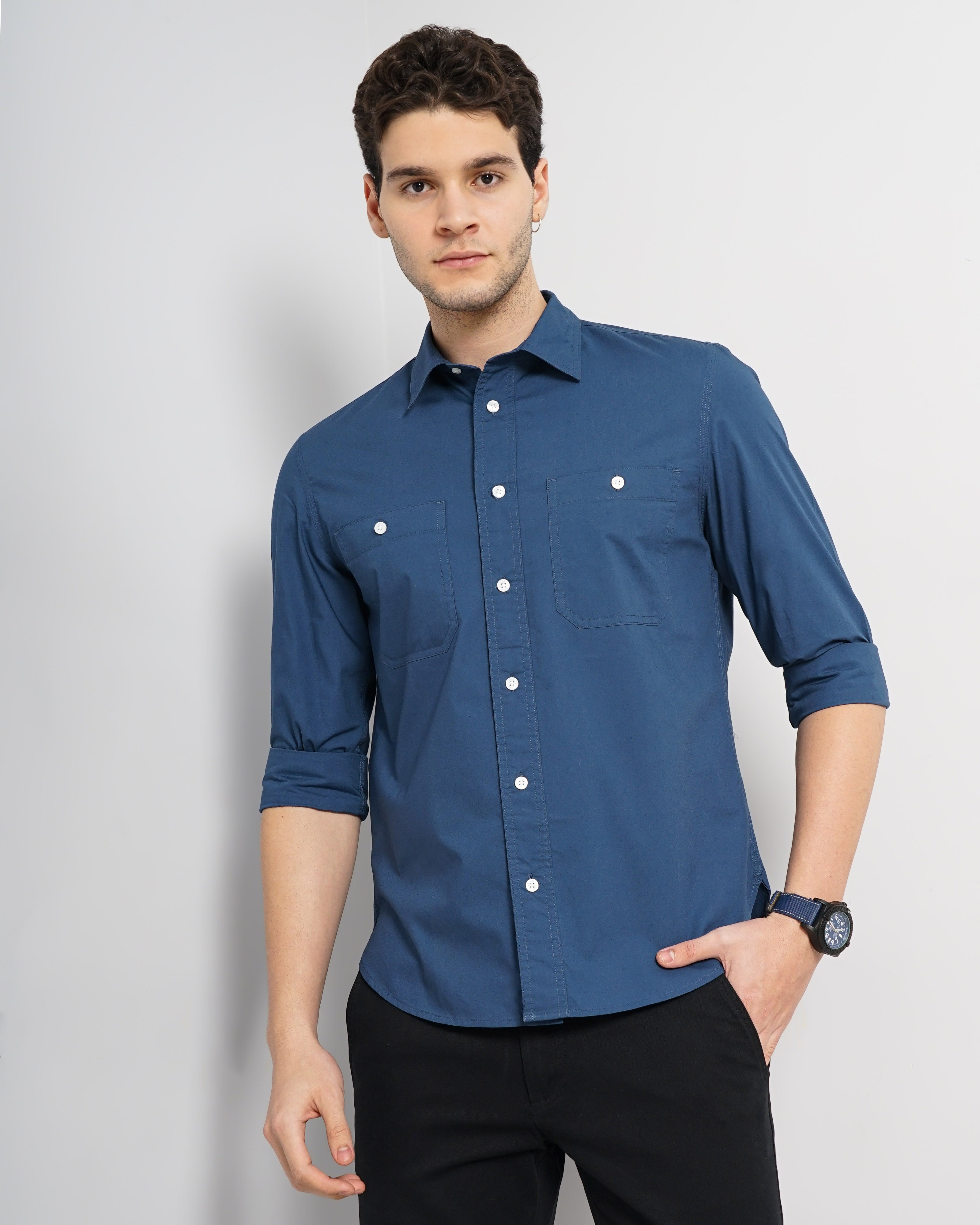 Blue Solid Cotton Shirt