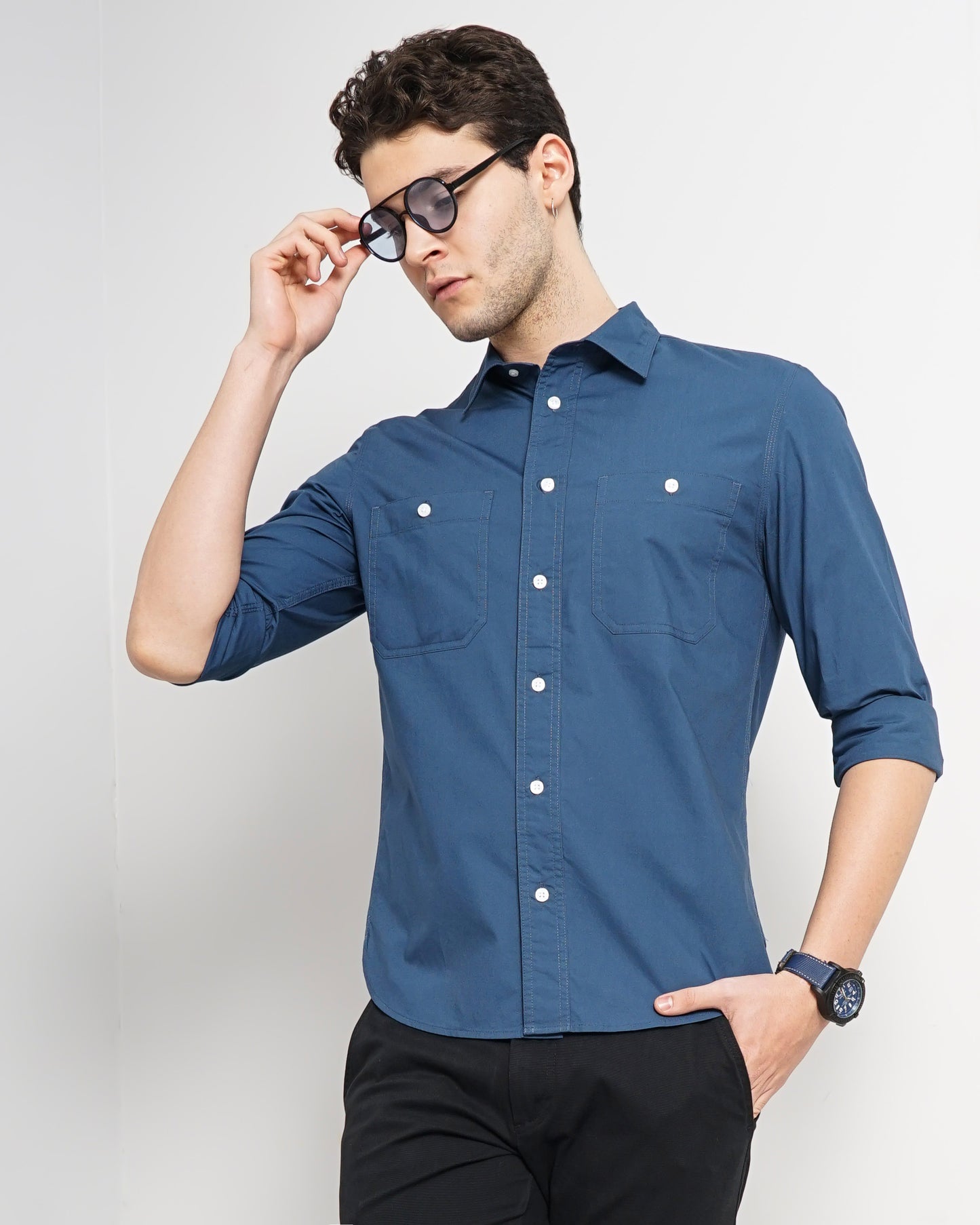 Blue Solid Cotton Shirt