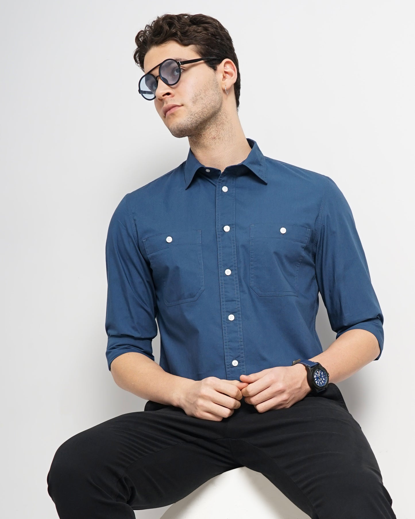 Blue Solid Cotton Shirt