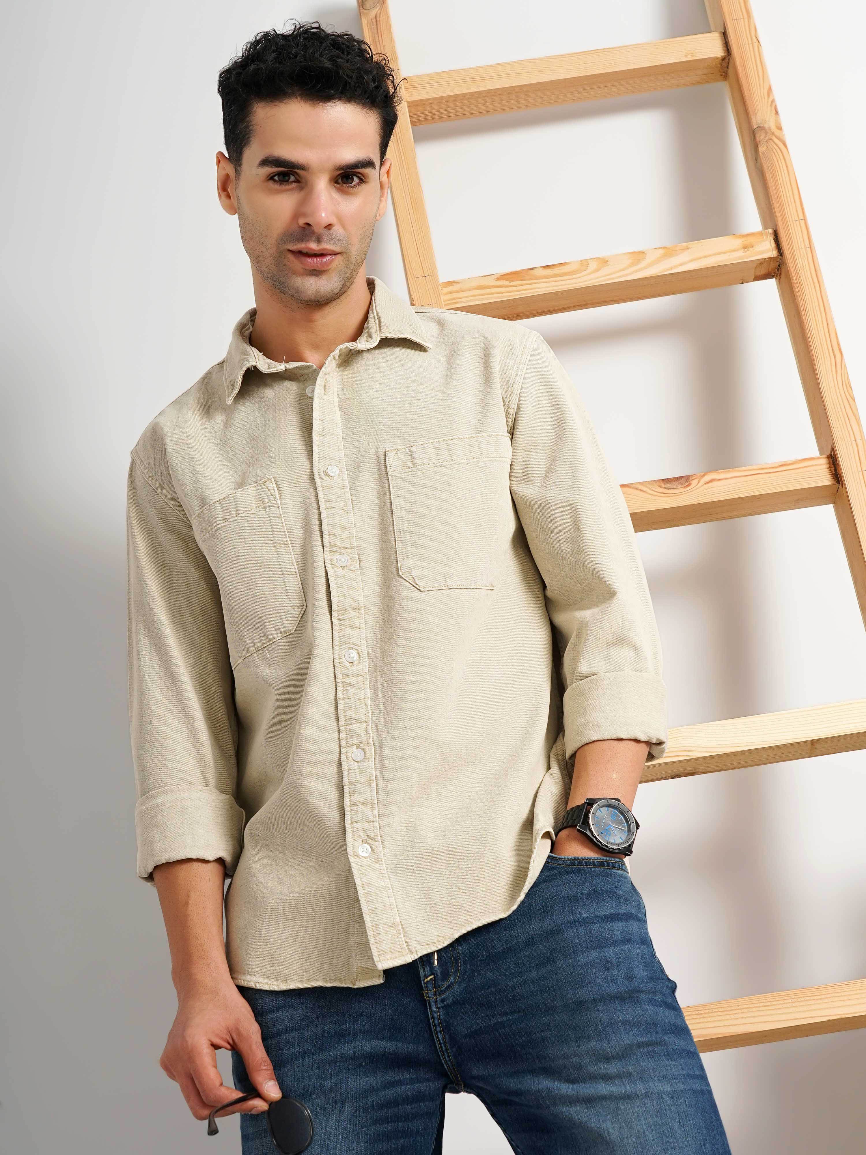 Beige Solid Cotton Shirt