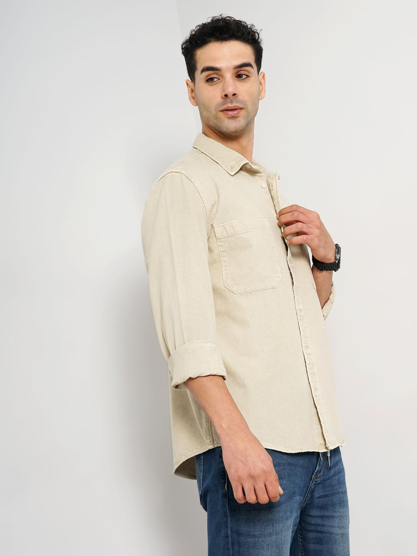 Beige Solid Cotton Shirt