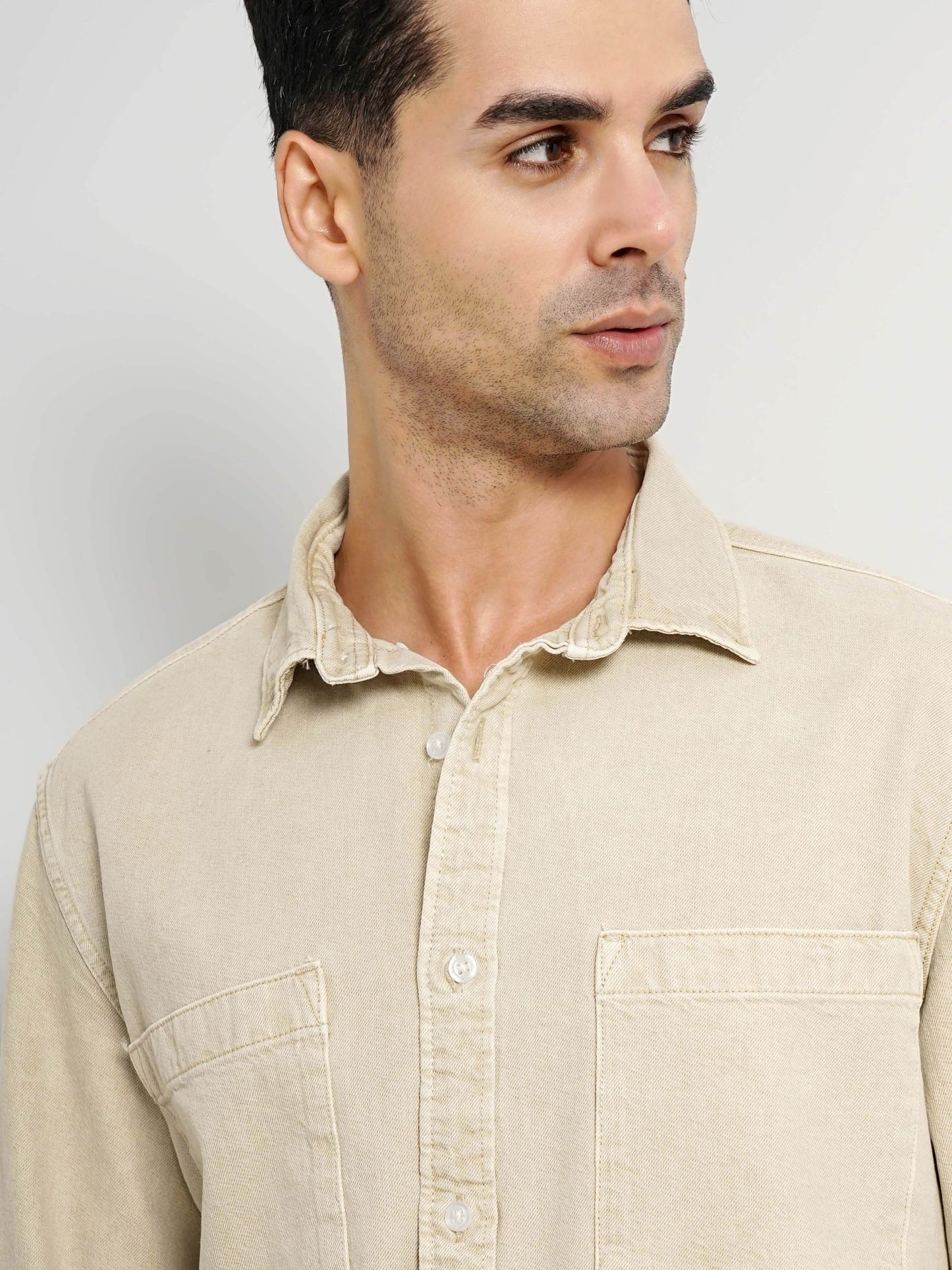 Beige Solid Cotton Shirt