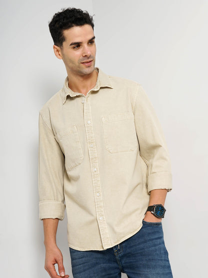 Beige Solid Cotton Shirt