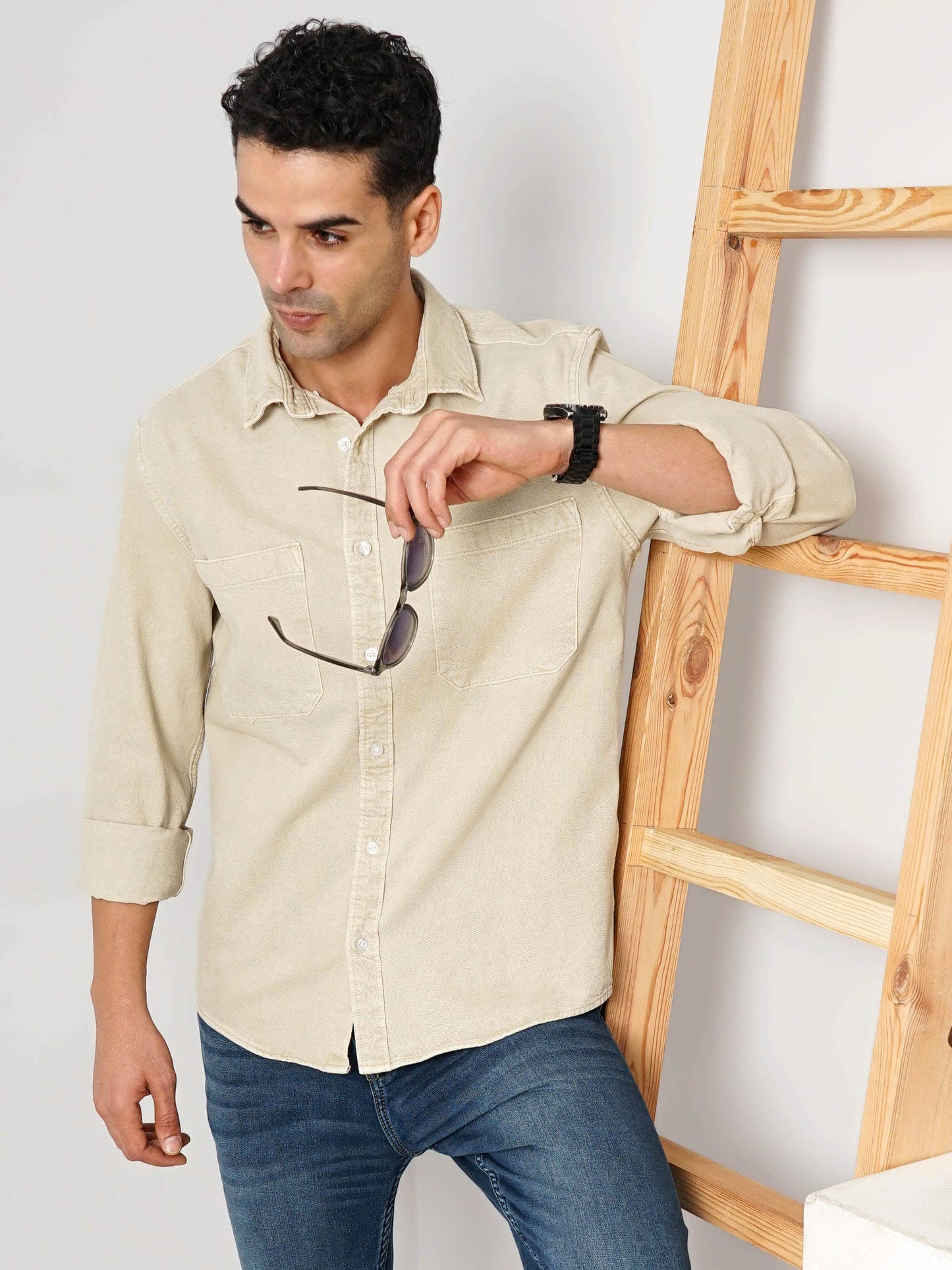 Beige Solid Cotton Shirt