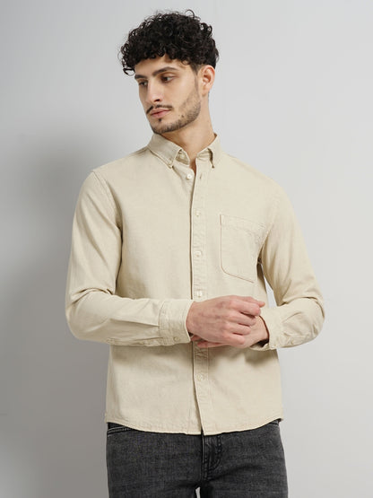 Beige Solid Cotton Shirt