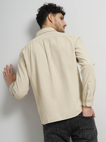 Beige Solid Cotton Shirt