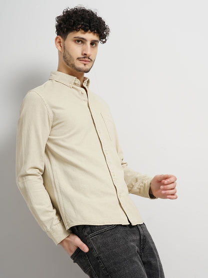 Beige Solid Cotton Shirt