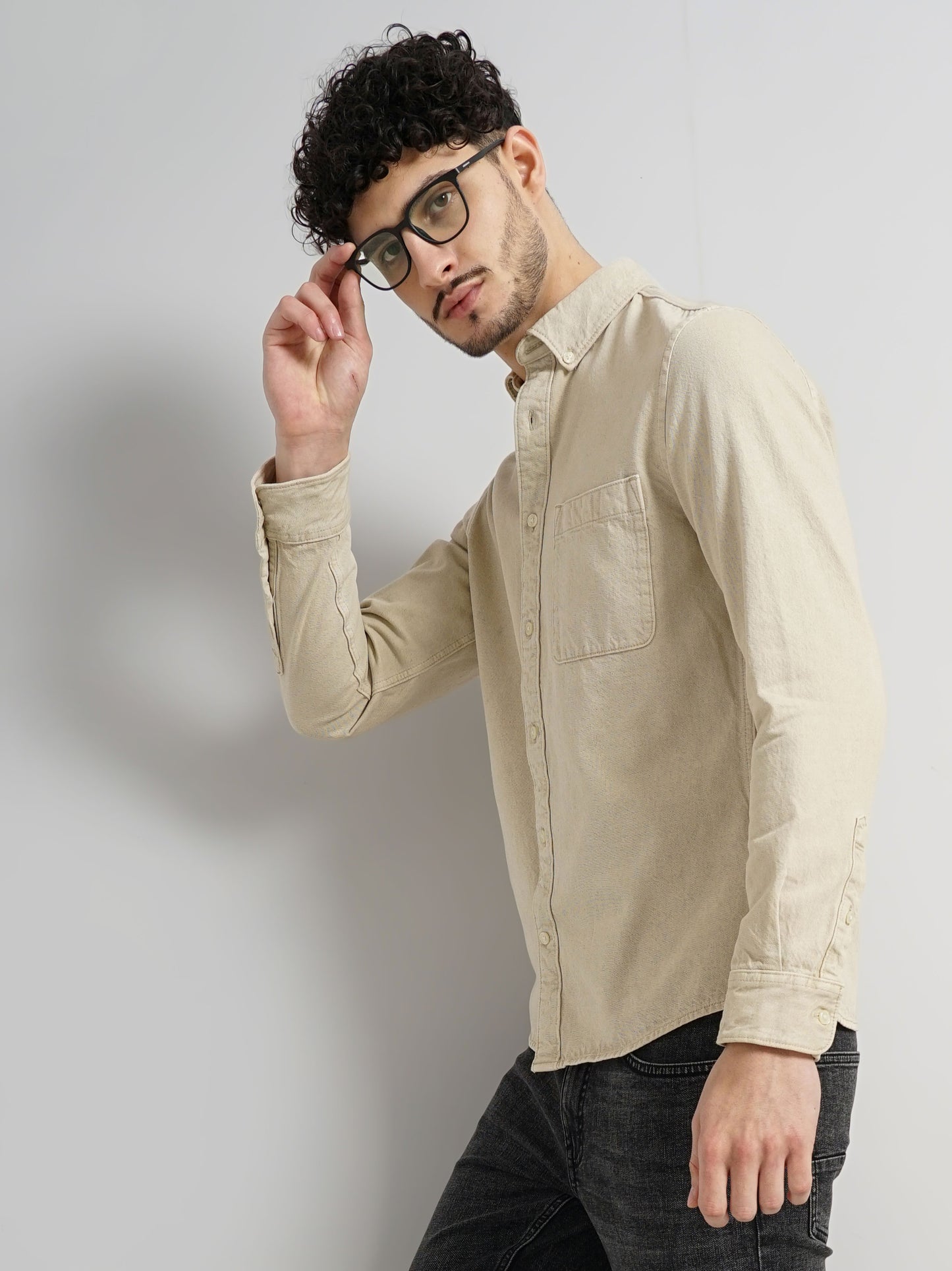 Beige Solid Cotton Shirt