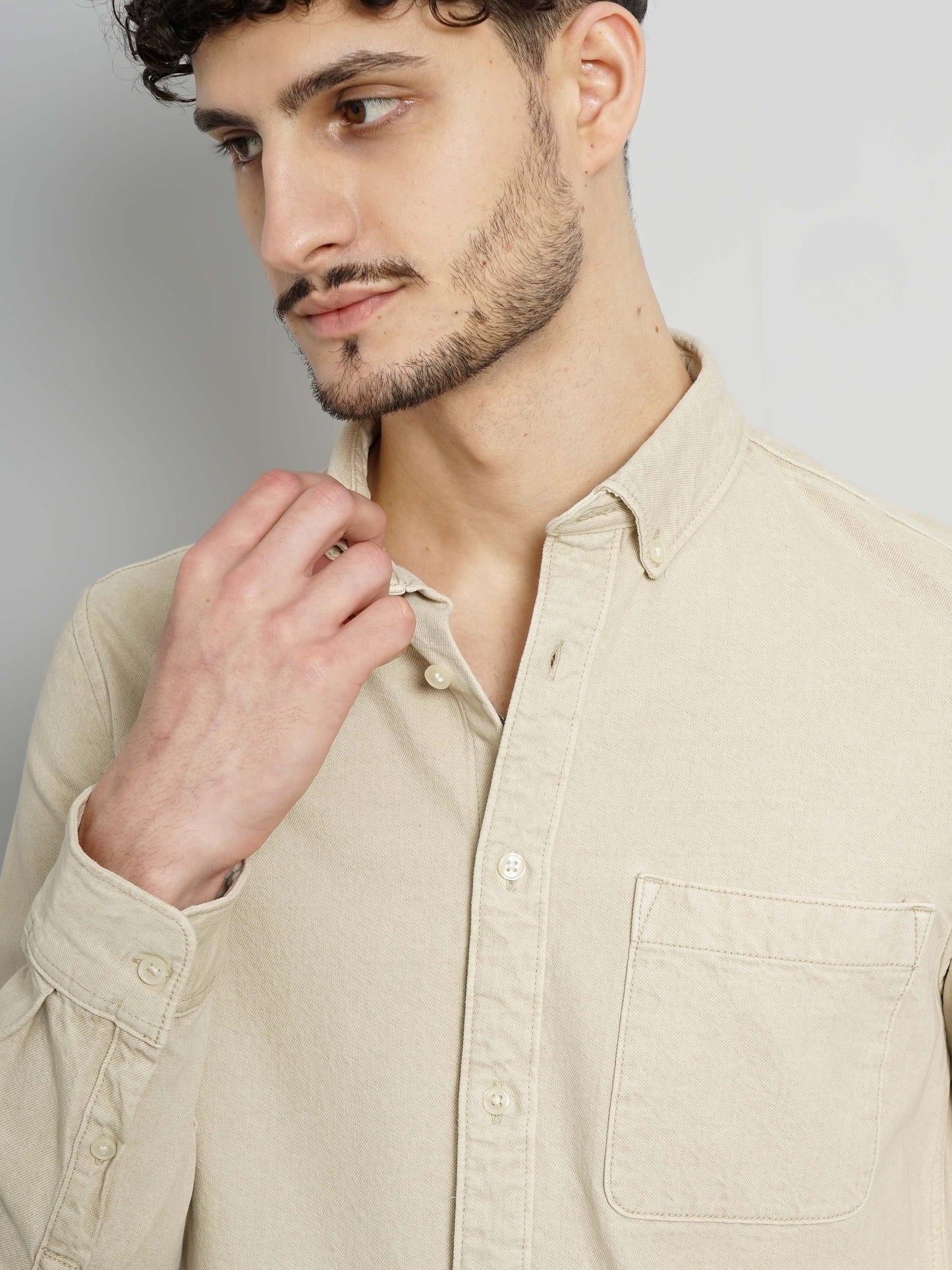 Beige Solid Cotton Shirt