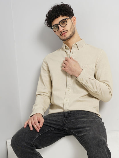 Beige Solid Cotton Shirt