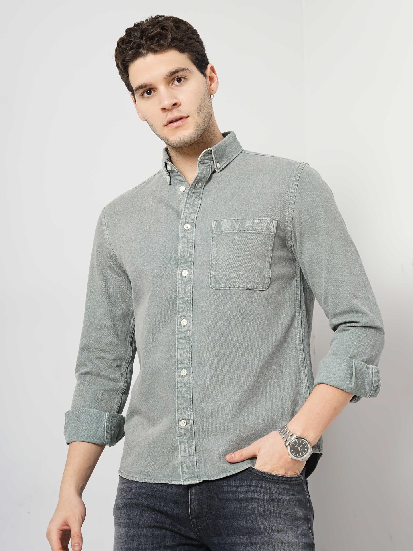 Green Solid Cotton Shirt