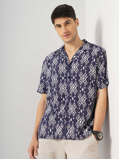 Navy Blue Printed Viscose Shirt