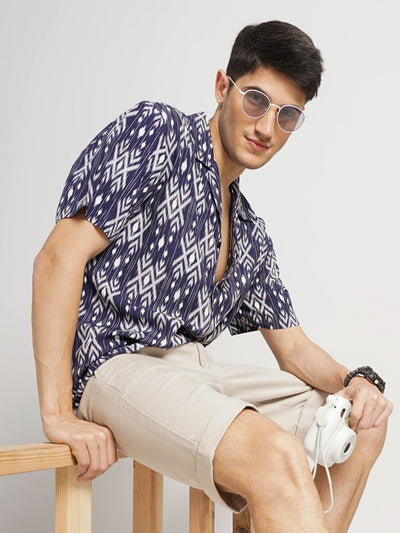 Celio* Printed Regular Fit Viscose Navy Blue Shirt