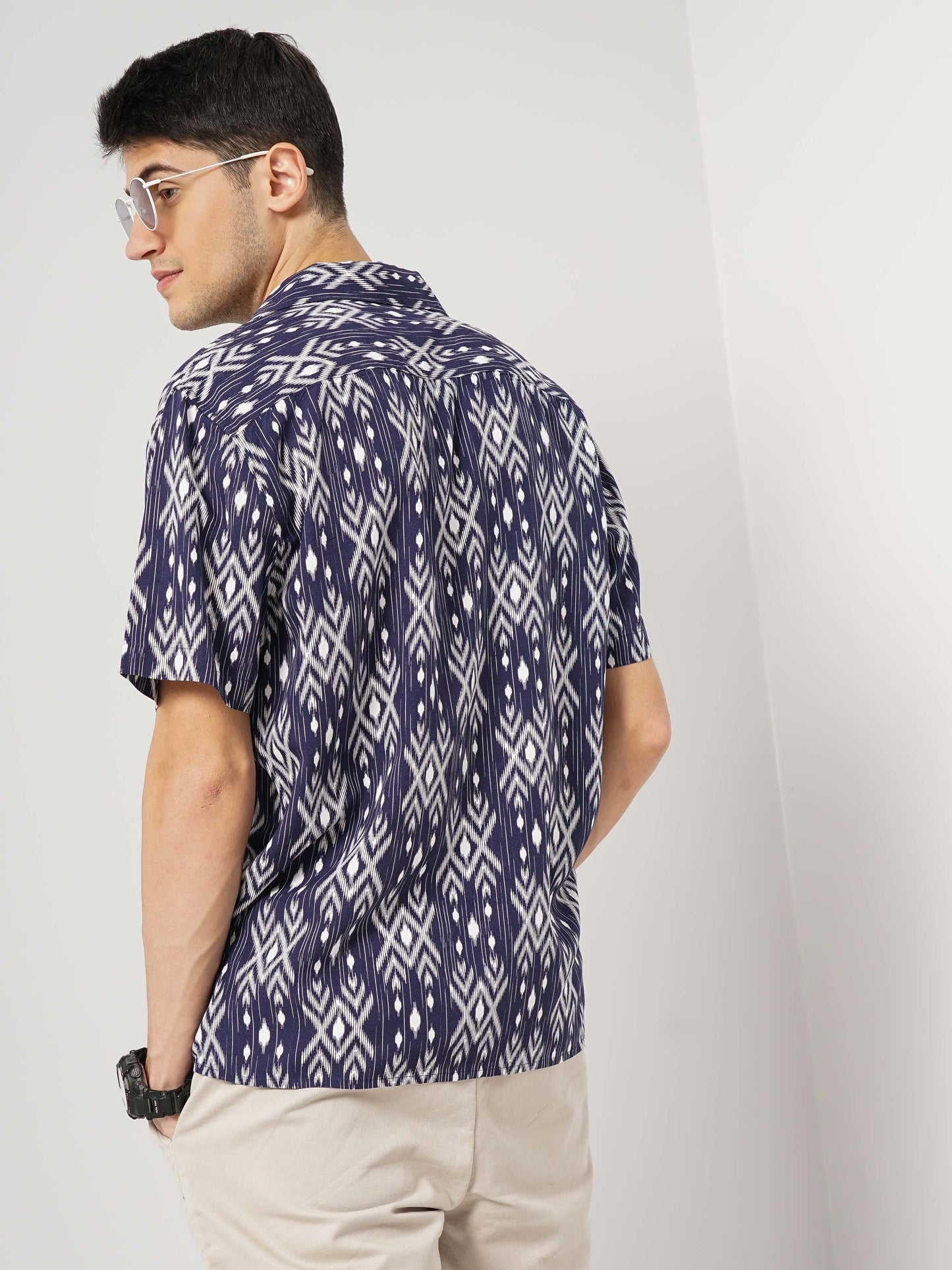 Navy Blue Printed Viscose Shirt