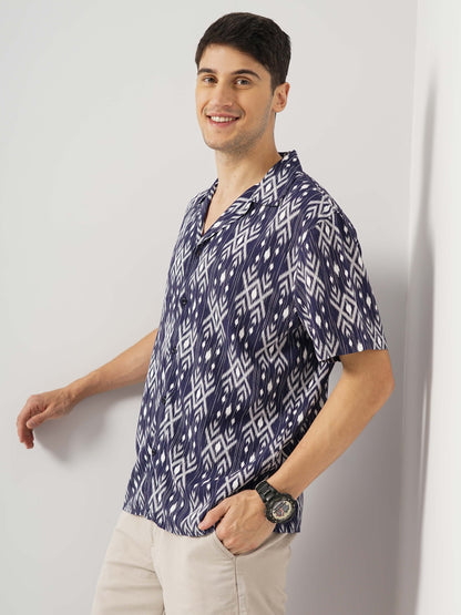 Navy Blue Printed Viscose Shirt