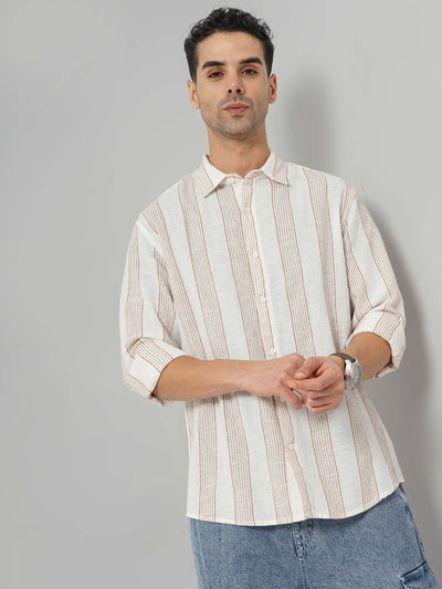 Celio* Striped Slim Fit Cotton Brown Shirt