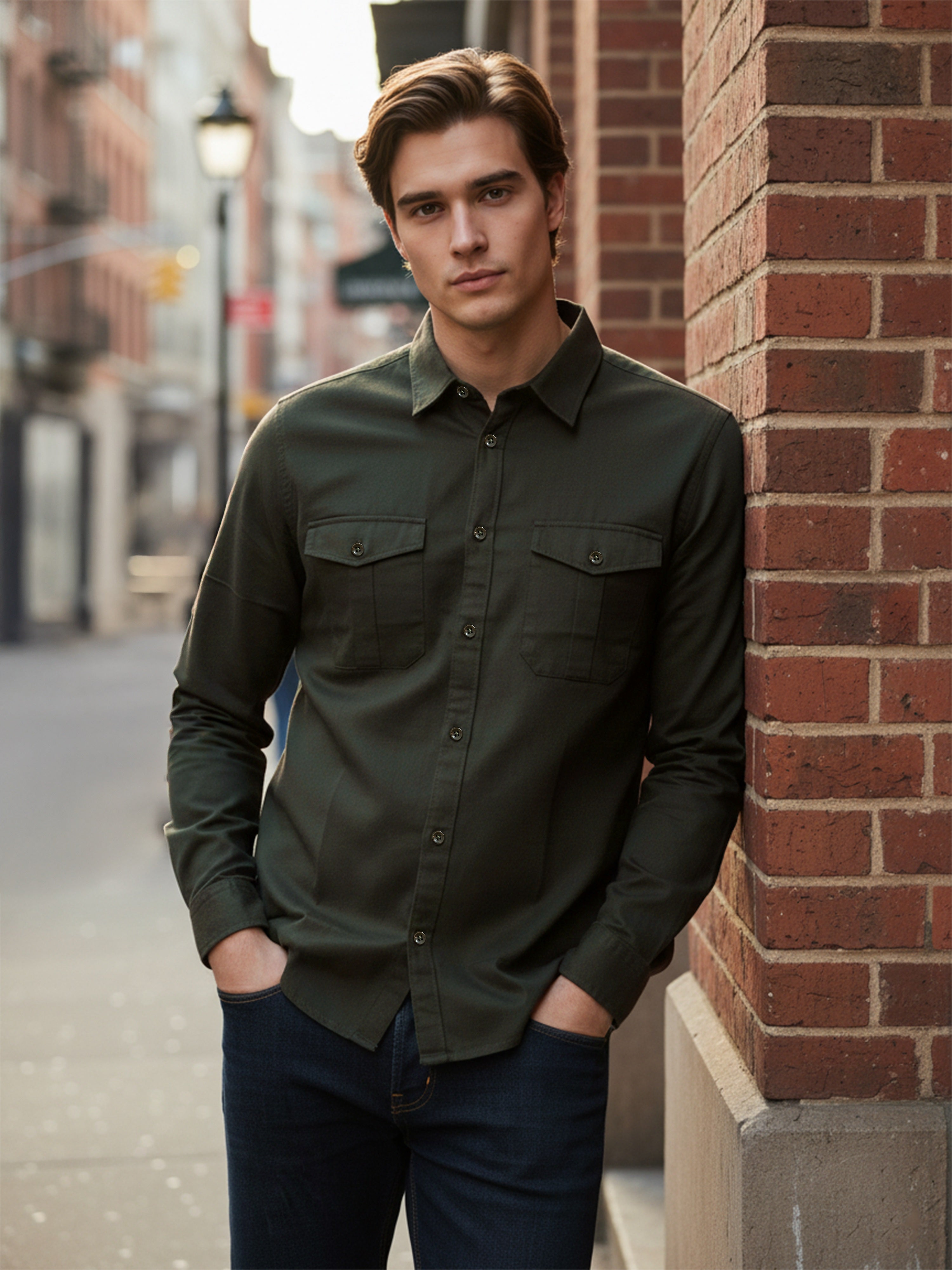 Celio* Men Olive Solid Regular Fit Cotton Shirts