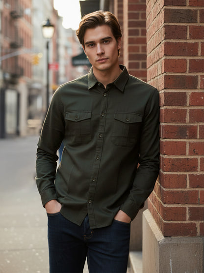 Celio* Men Olive Solid Regular Fit Cotton Shirts