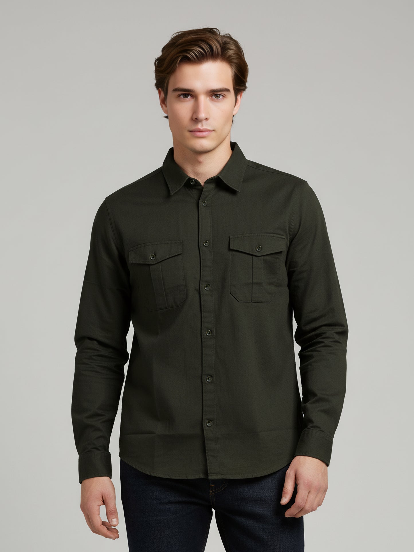Celio* Men Olive Solid Regular Fit Cotton Shirts