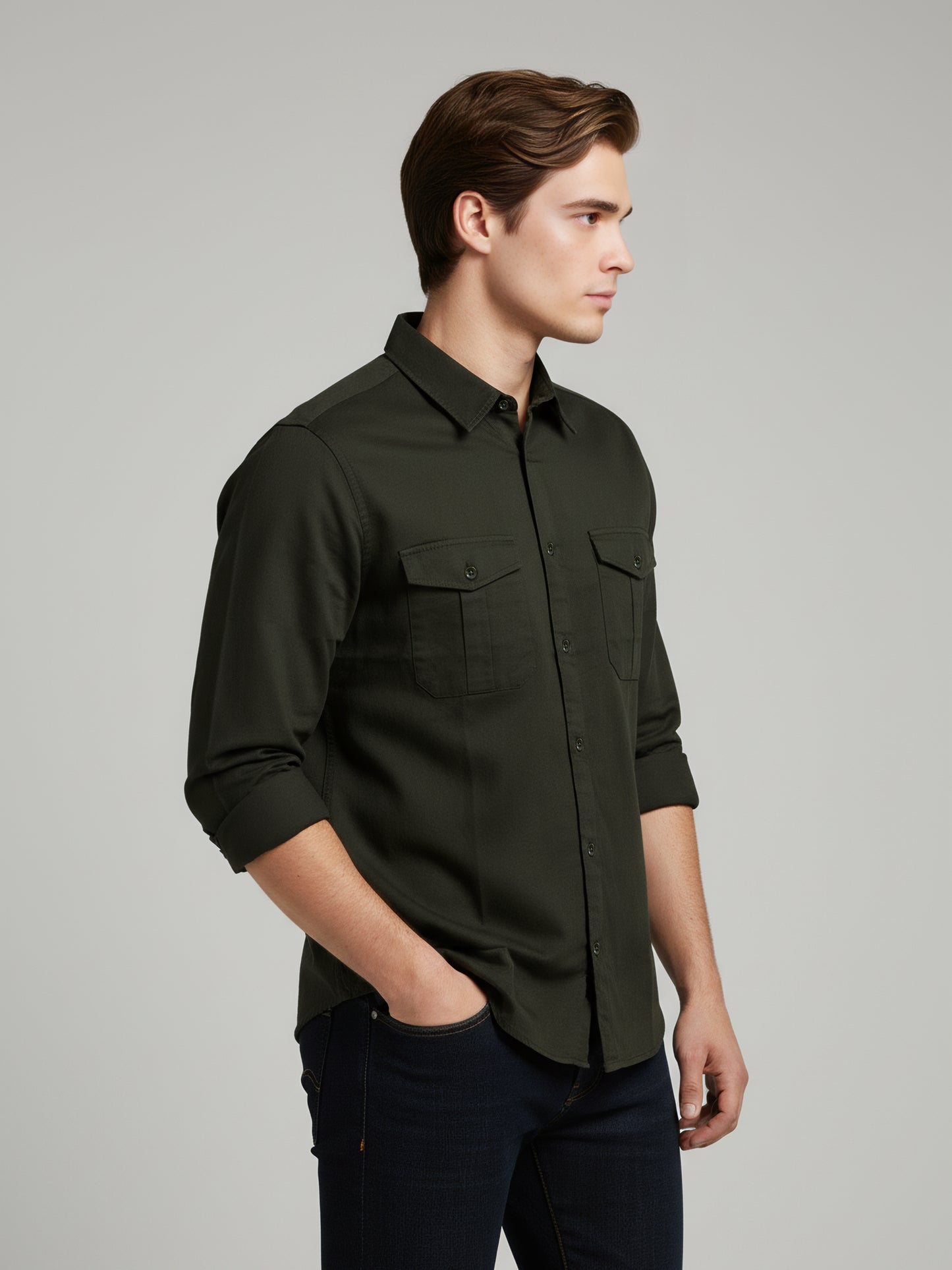Celio* Men Olive Solid Regular Fit Cotton Shirts