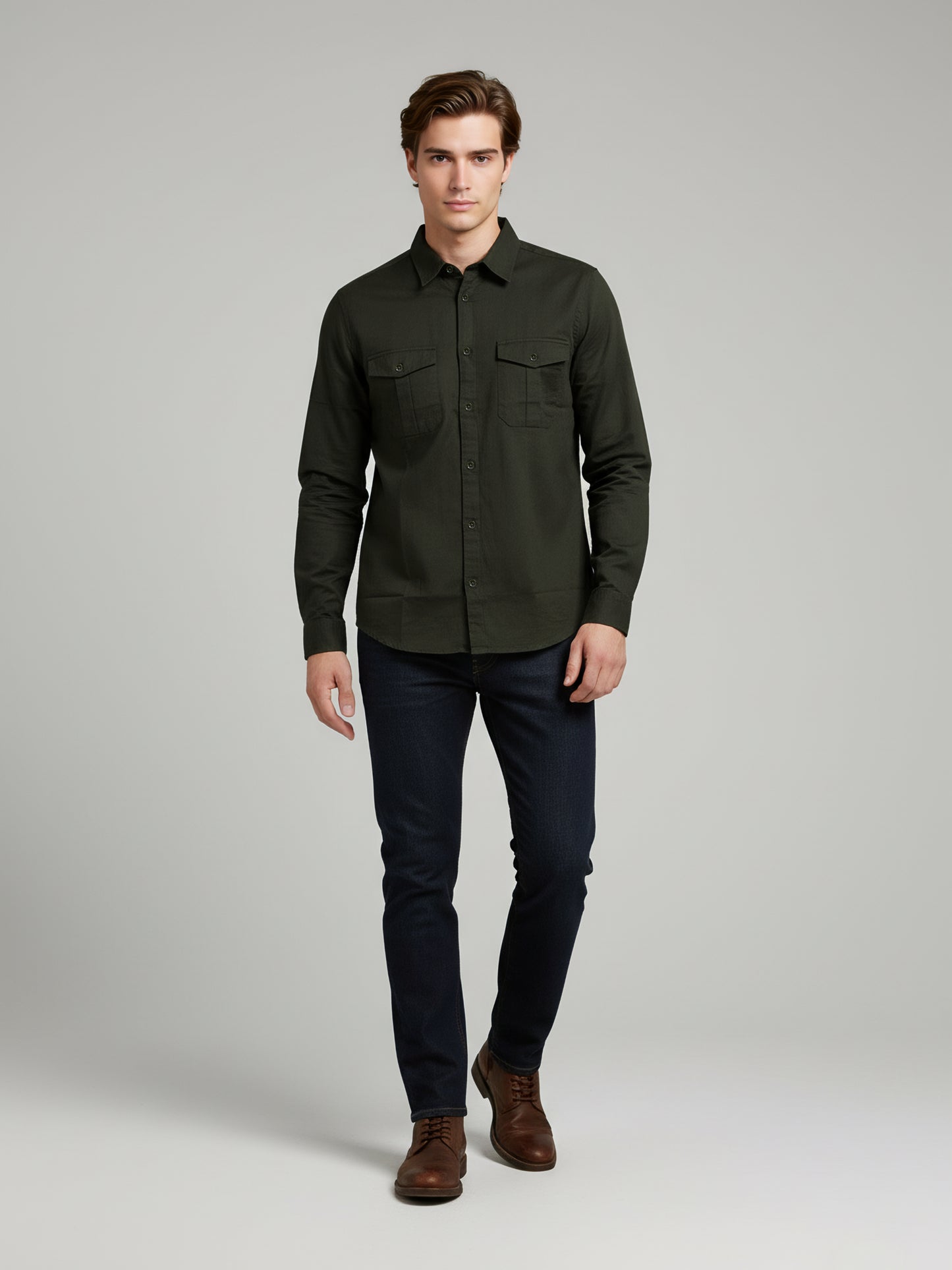 Celio* Men Olive Solid Regular Fit Cotton Shirts