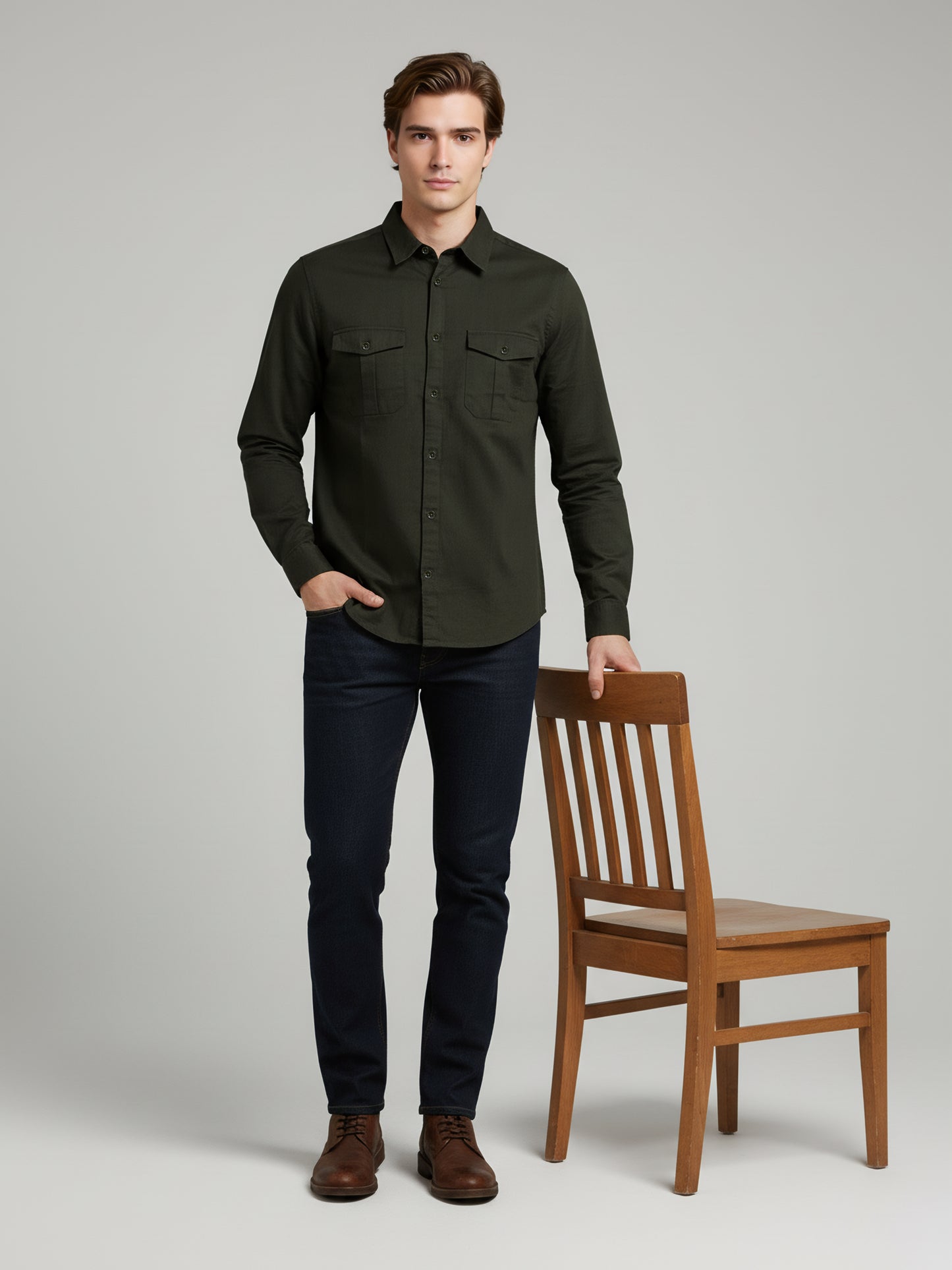 Celio* Men Olive Solid Regular Fit Cotton Shirts