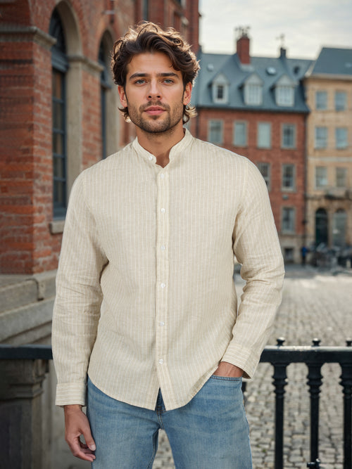 Celio* Striped Regular Fit Linen Blend Cream Shirt