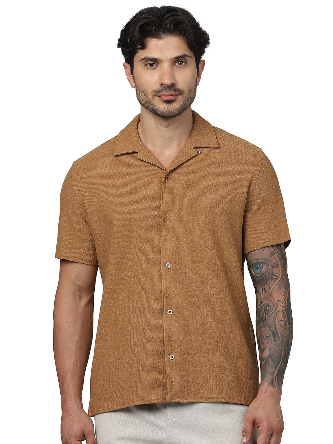 Brown Solid Cotton Shirt