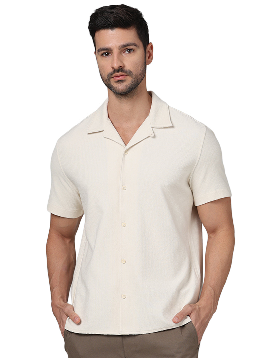 Beige Solid Cotton Shirt