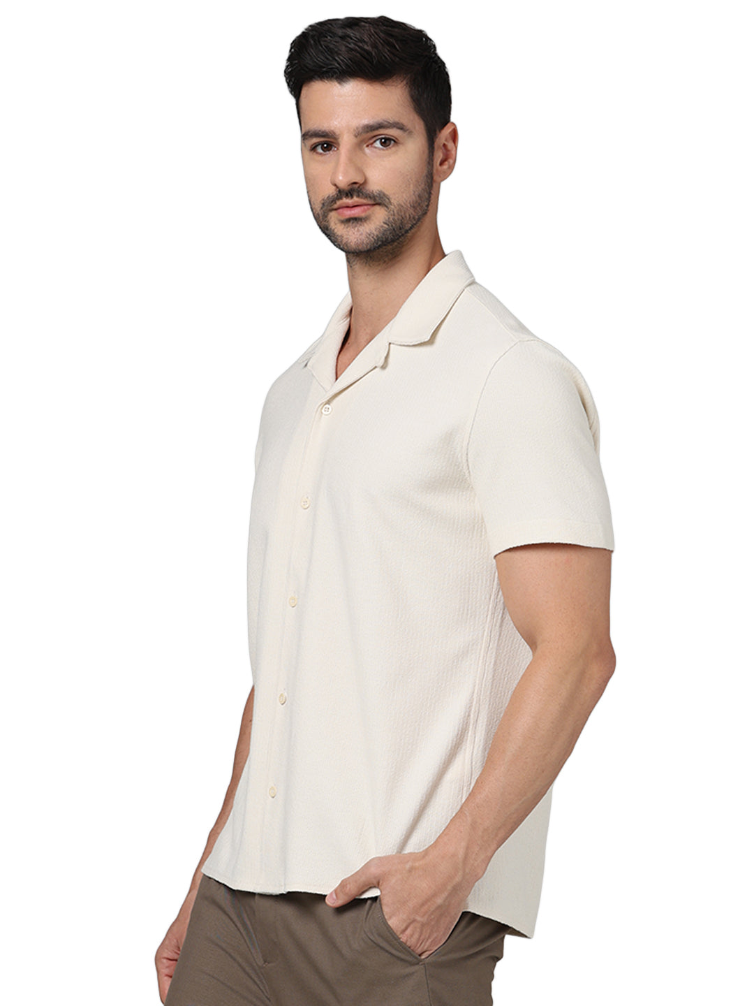 Beige Solid Cotton Shirt