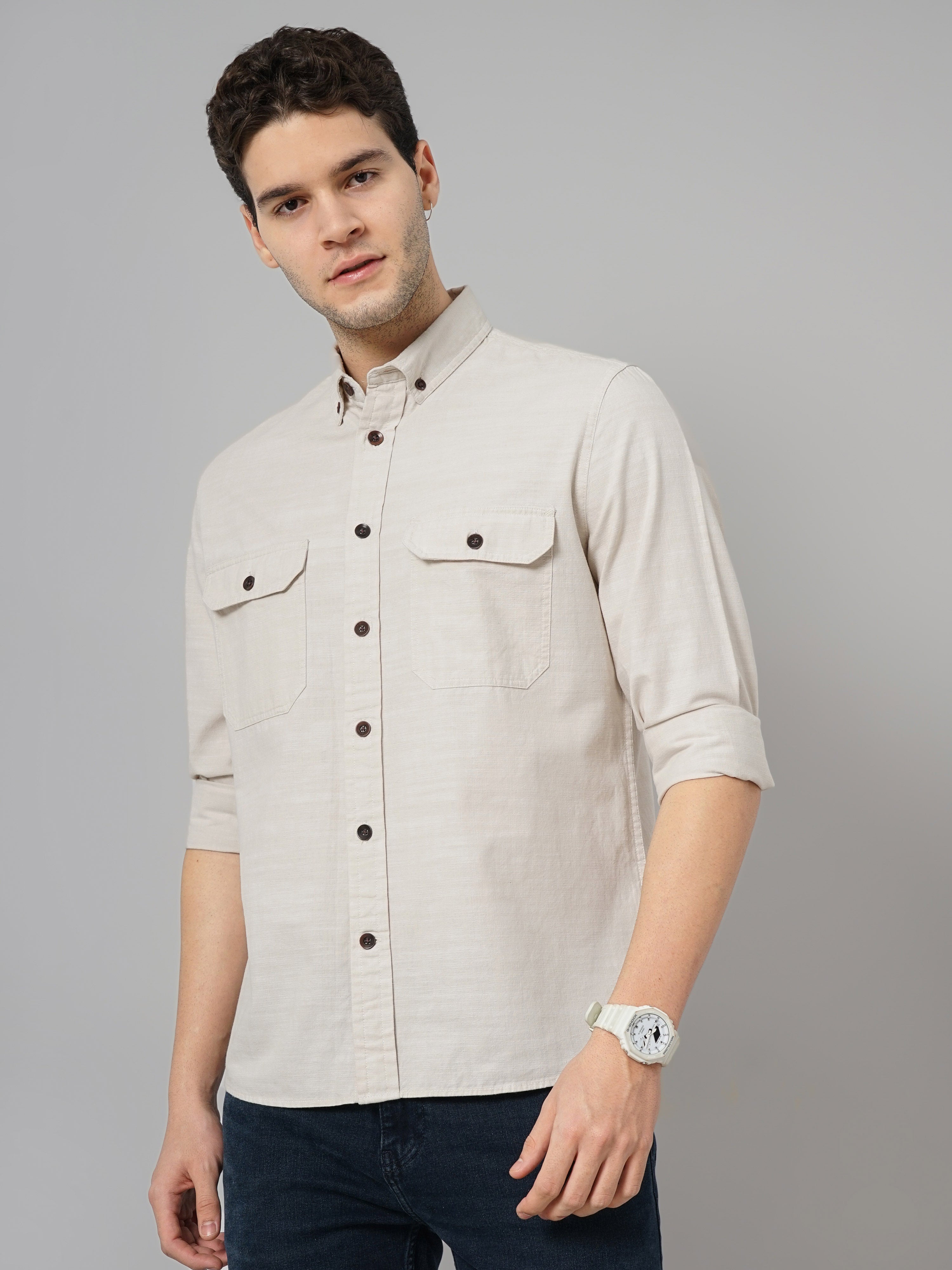 Beige Solid Cotton Shirt