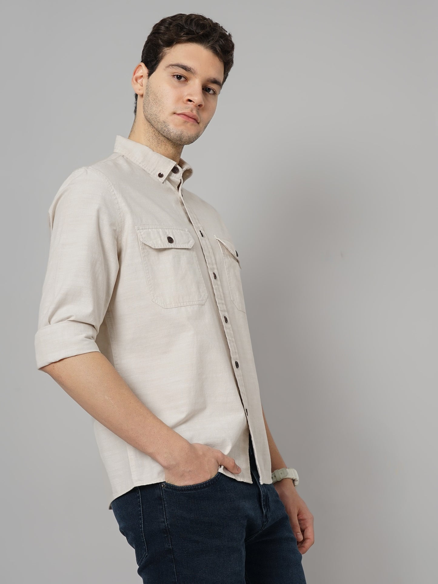 Beige Solid Cotton Shirt