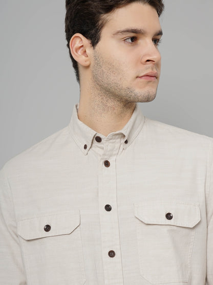 Beige Solid Cotton Shirt