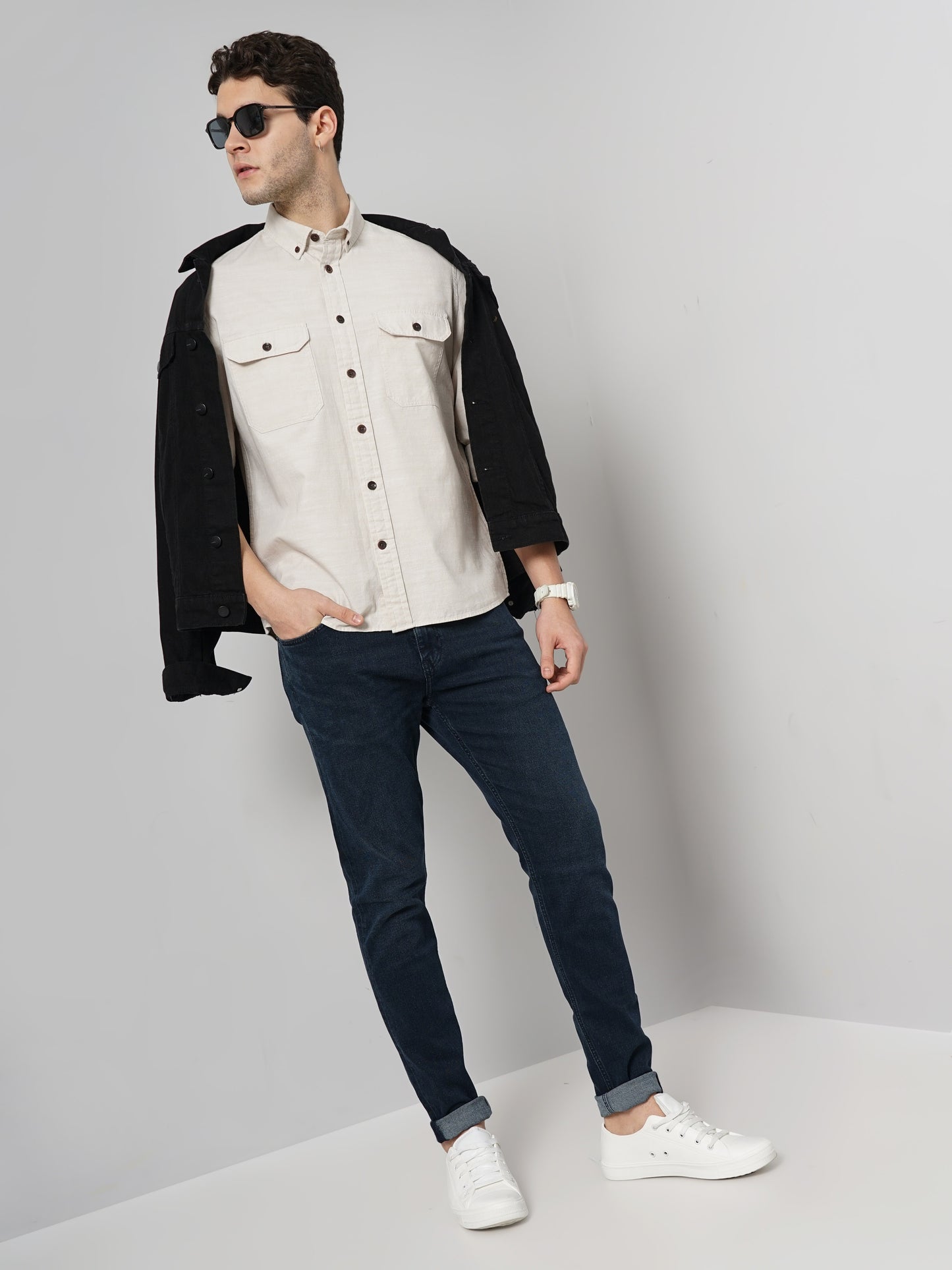 Beige Solid Cotton Shirt