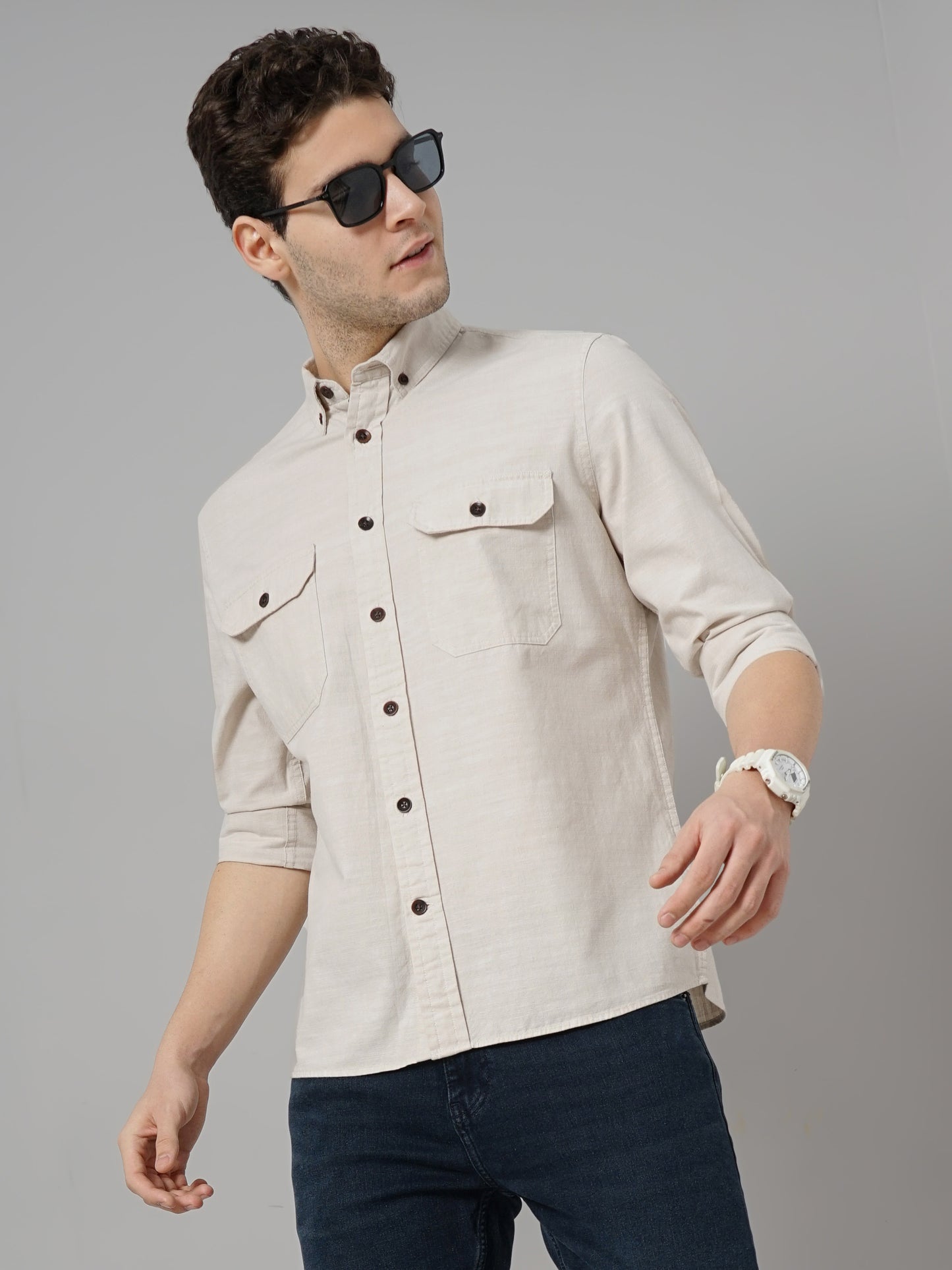 Beige Solid Cotton Shirt