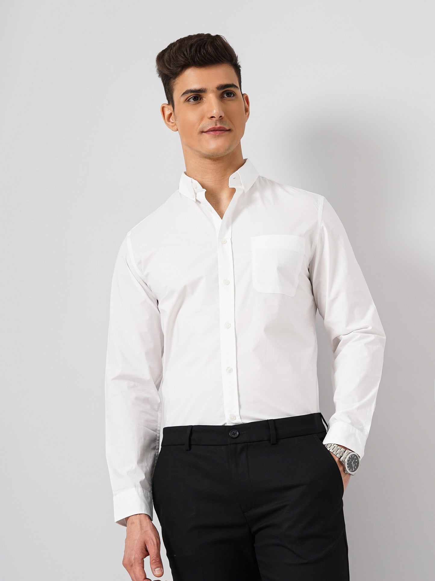 White Solid Cotton Formal Shirt