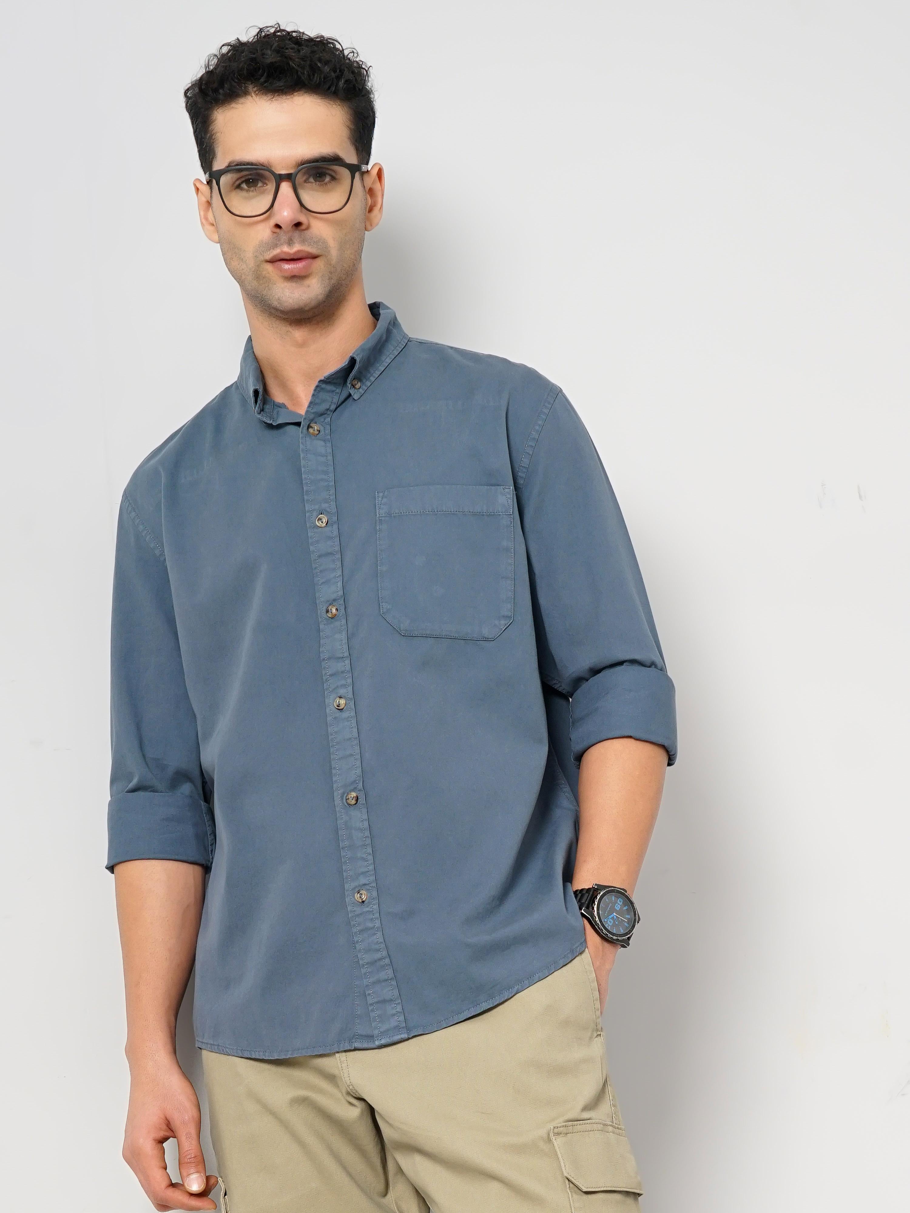 Blue Solid Cotton Shirt