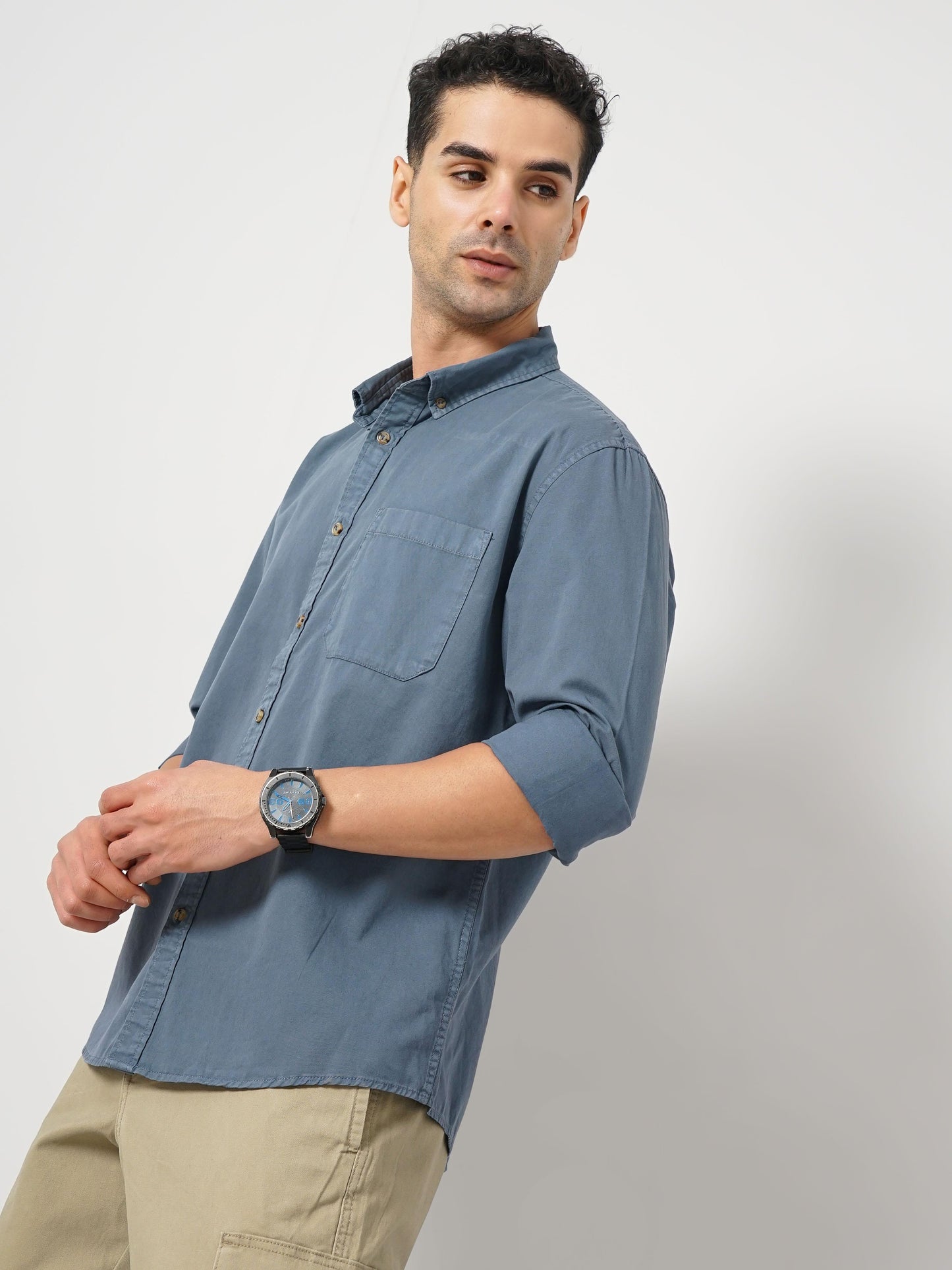 Blue Solid Cotton Shirt