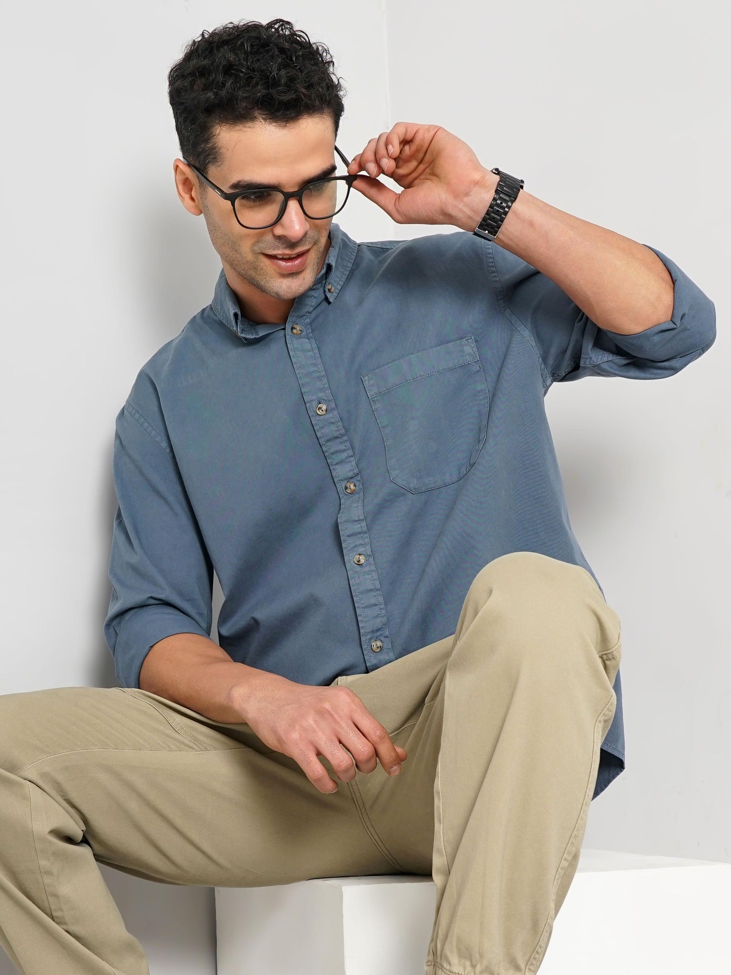 Blue Solid Cotton Shirt